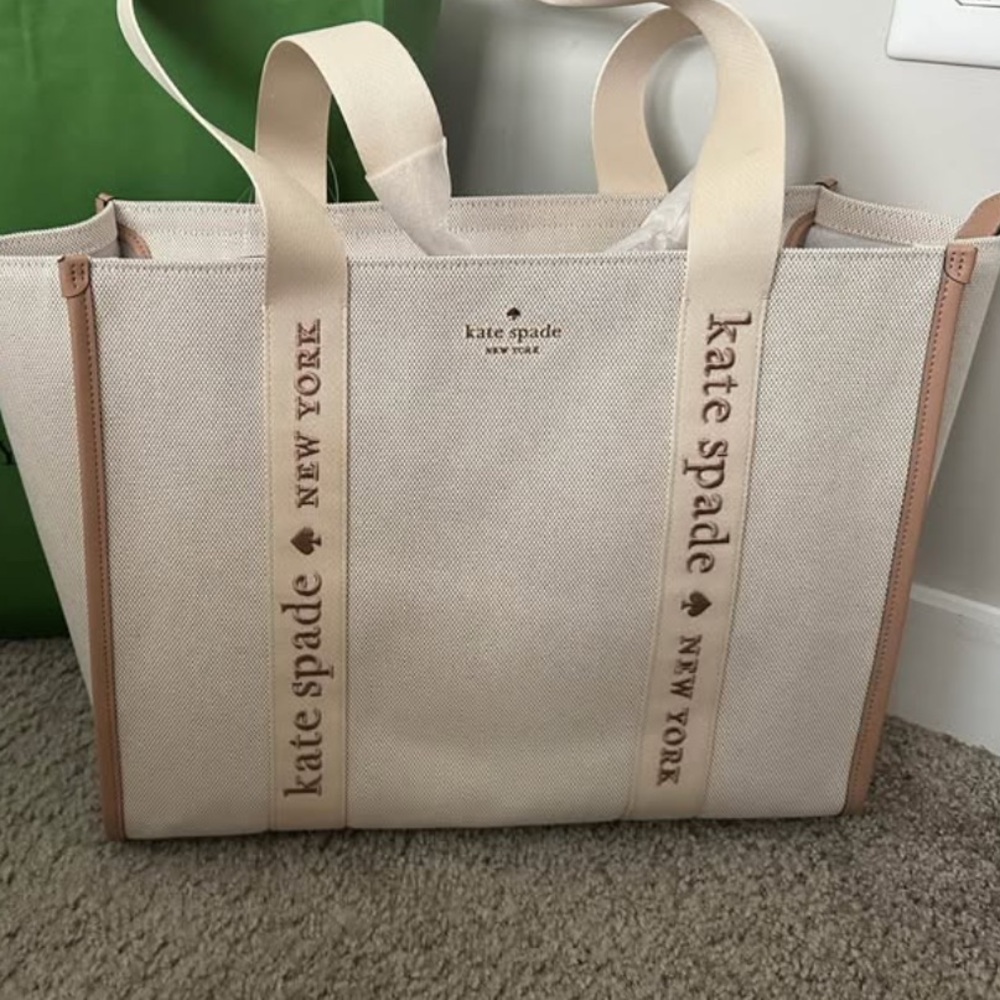 kate spade Cream Canvas Tote with Beige Trim and Branded Straps